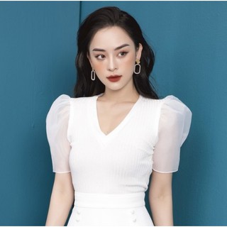 Áo trắng dệt kim tay organza Mollynista size L newtag