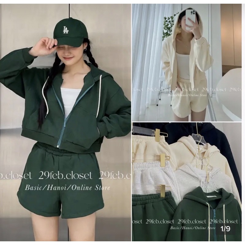 sét áo khoác nỉ kéo khoá kèm quần short