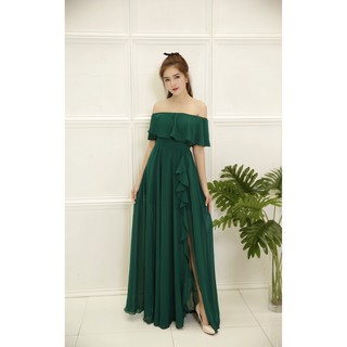 [Hình thật] Đầm maxi trễ vai bèo xẻ tà màu xanh lá cực sang