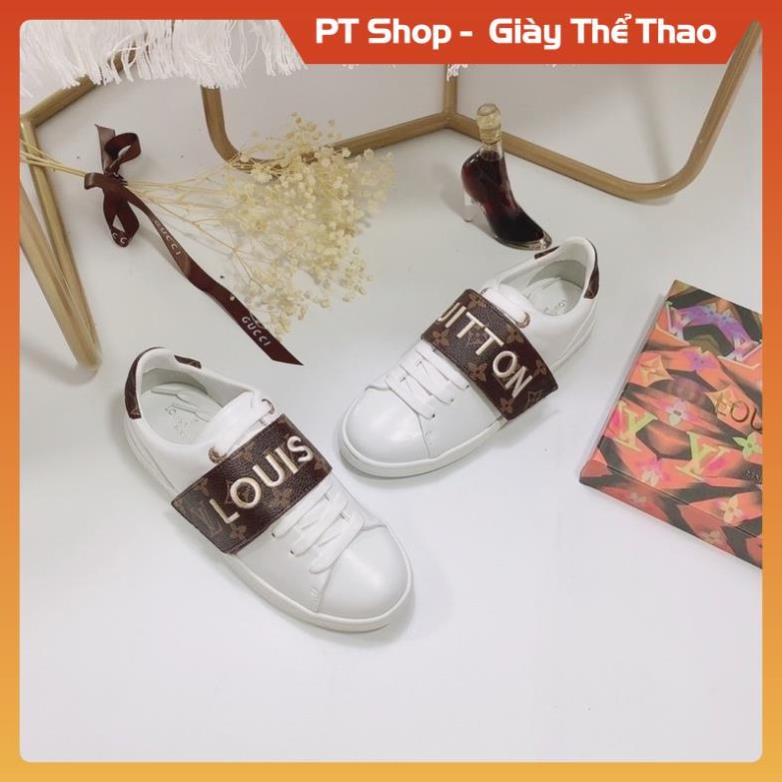 [FreeShip + HÀNG CAO CẤP ]  Giày lv thể thao nam nữ quai da dập chữ , Giầy sneaker trắng quai đen chữ thêu