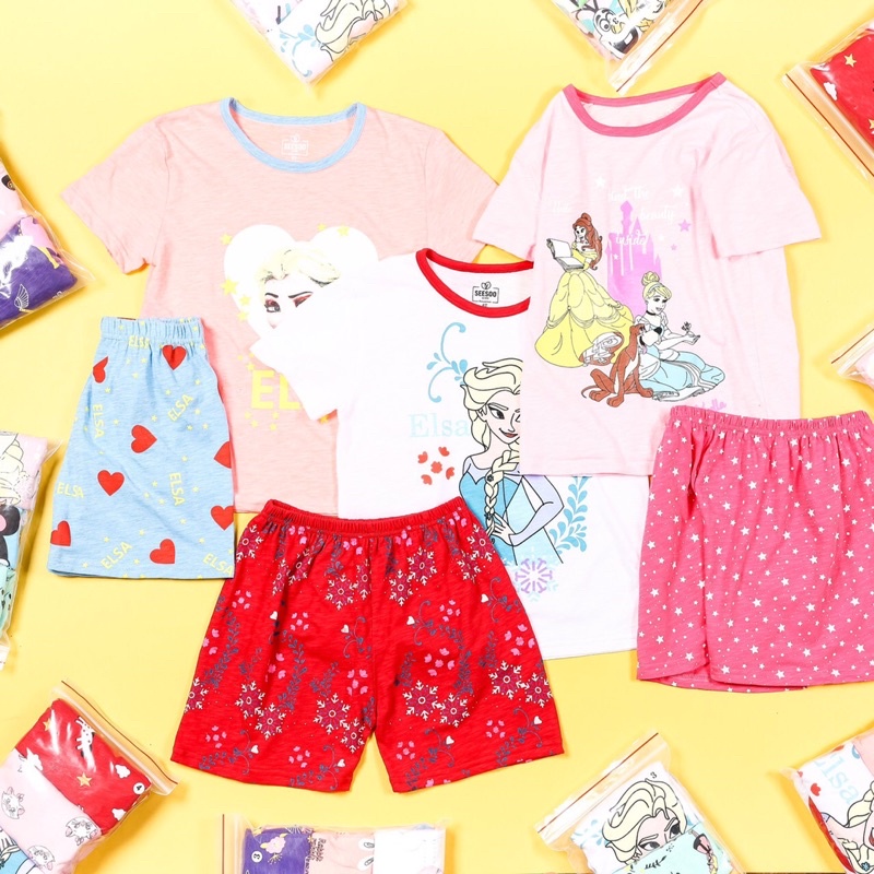 Bộ bé gái hình in Elsa Díney chất cotton xước xuất dư mát mẻ size 2-6t