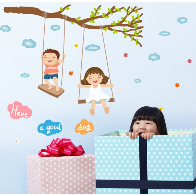 Decal trang trí tường - Trẻ Con Chơi Xích Đu cùng nhau