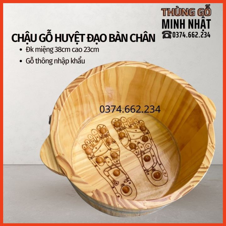 Chậu gỗ ngâm chân có hạt massage huyệt đạo hình bàn chân, bồn gỗ ngâm chân