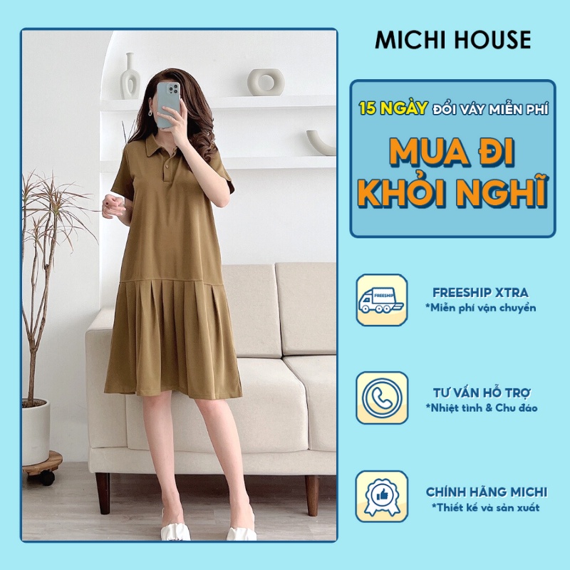 Váy Polo Thun Xuông Xếp Ly MICHI House Đầm Suông Cổ Polo Trẻ Trung Chất Cotton Mát Co Dãn Phom Rộng Thoải Mái V408