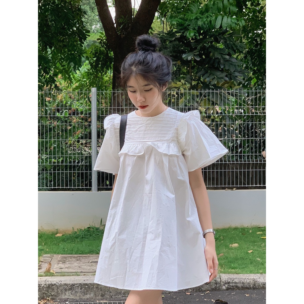 Váy babydoll bèo vai xếp li ngang ren ngực dáng ngắn giấu quần