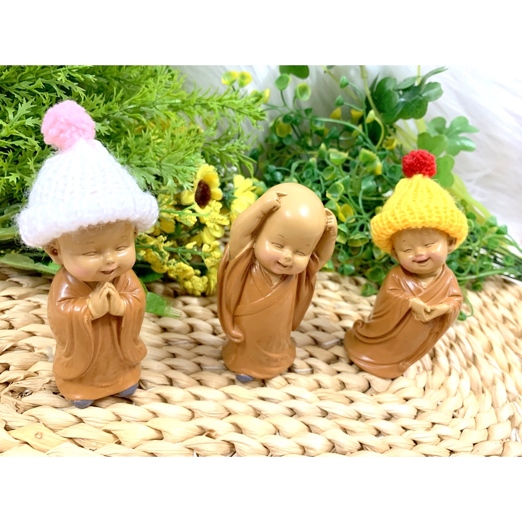 Bộ 3 tượng Chú Tiểu Ấn Độ Hoan Hỉ Tài Lộc Nón Len ( Hình Thật )