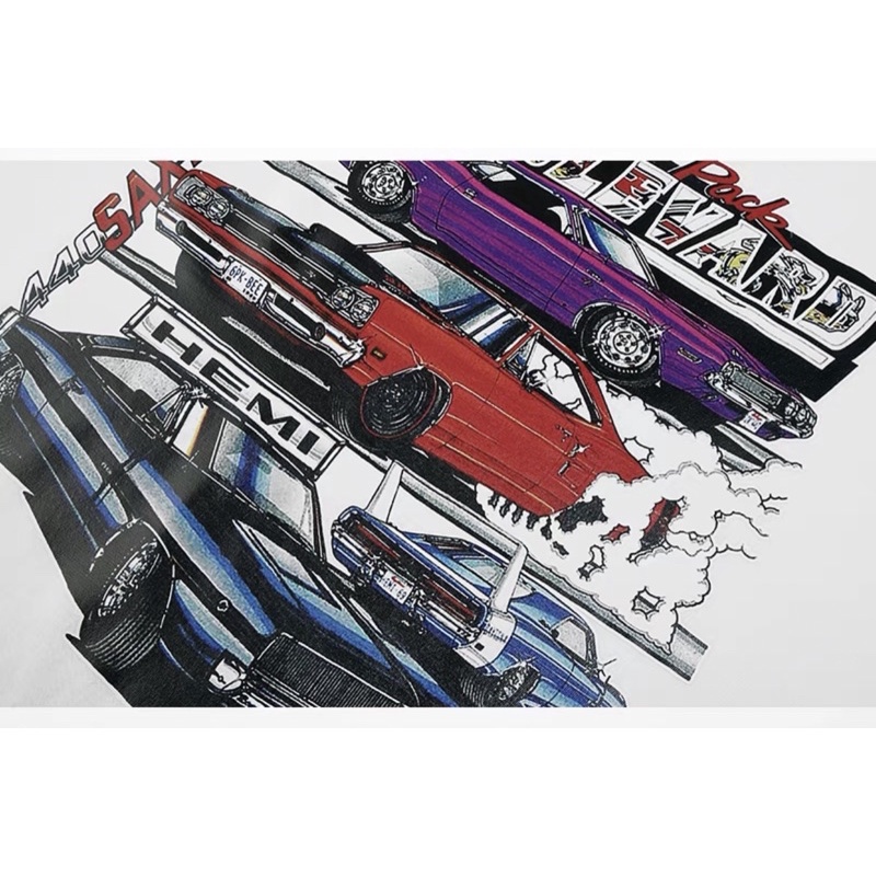 Áo phông - Áo thun nelly form rộng màu trắng tay lửng in hình xe 100% cotton