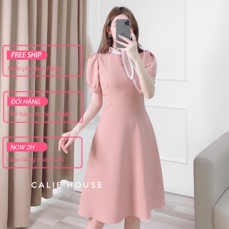 Váy cổ nơ 2 đường ren thời trang công sở Calie House V202