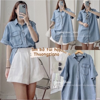 Áo sơ mi bò cộc tay form rộng thiết kế túi ngực có nắp xinh xắm Áo sơ mi jean trẻ trung