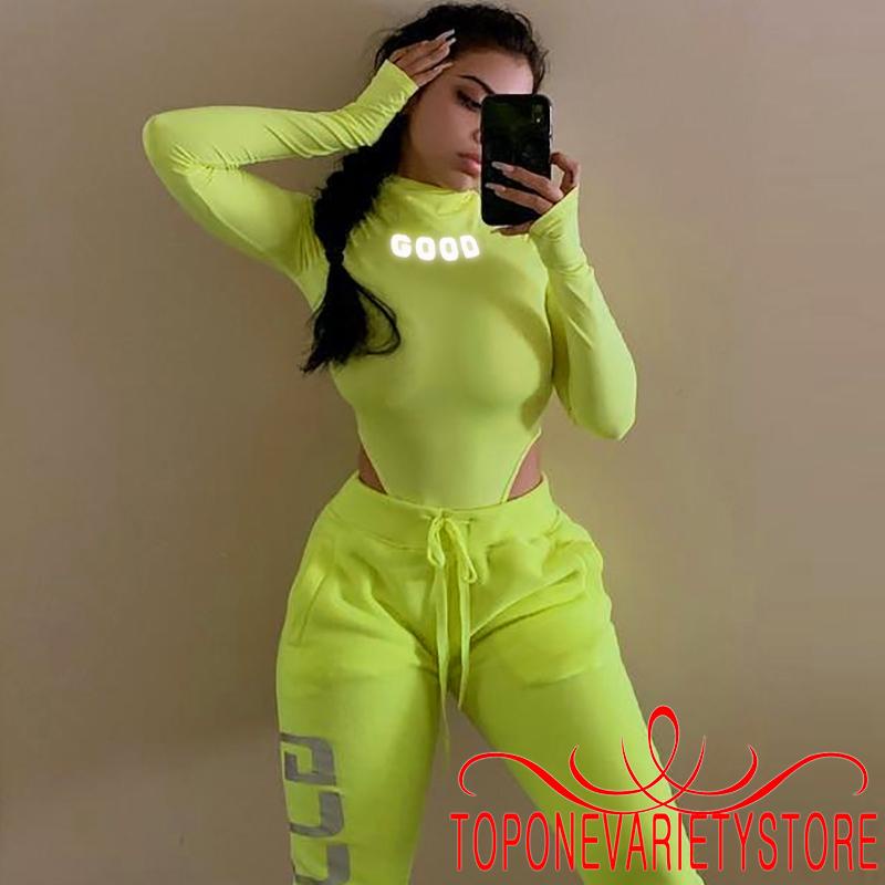 TOPQ-Women Bodysuit Long Sleeve High Neck Reflective Letters Slim Fit Jumpsuit Clothing | WebRaoVat - webraovat.net.vn