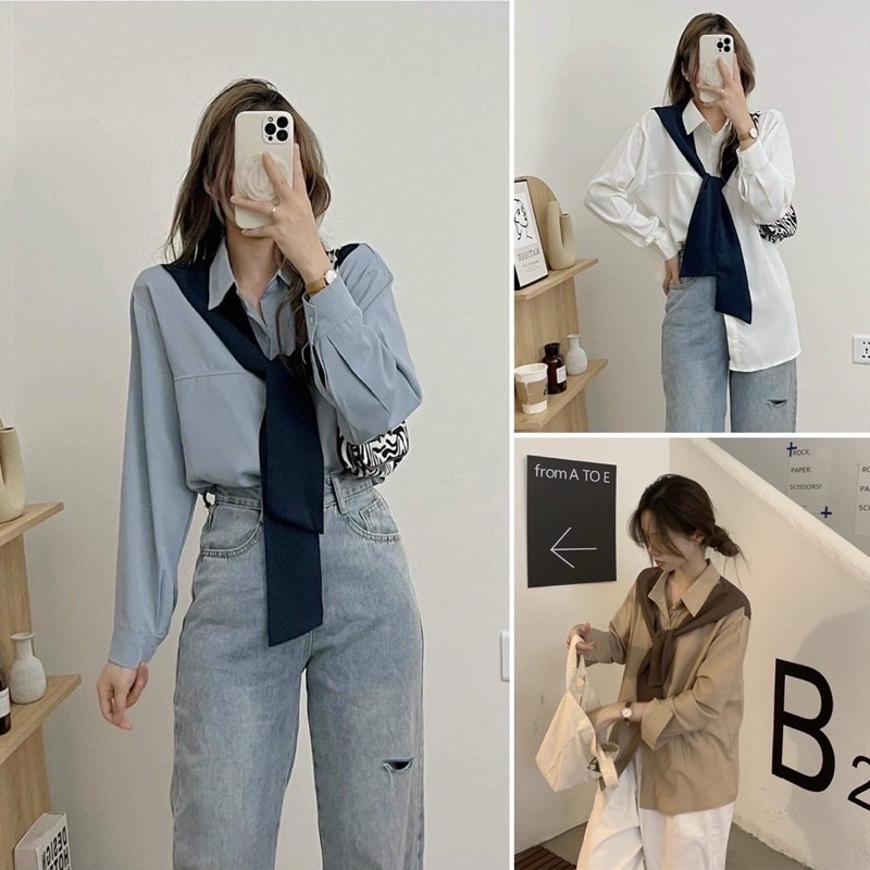 Áo sơ mi dài tay KHĂN CHOÀNG phong cách Hàn Quốc - Sơ mi cổ vạt thuỷ thủ xinh xắn