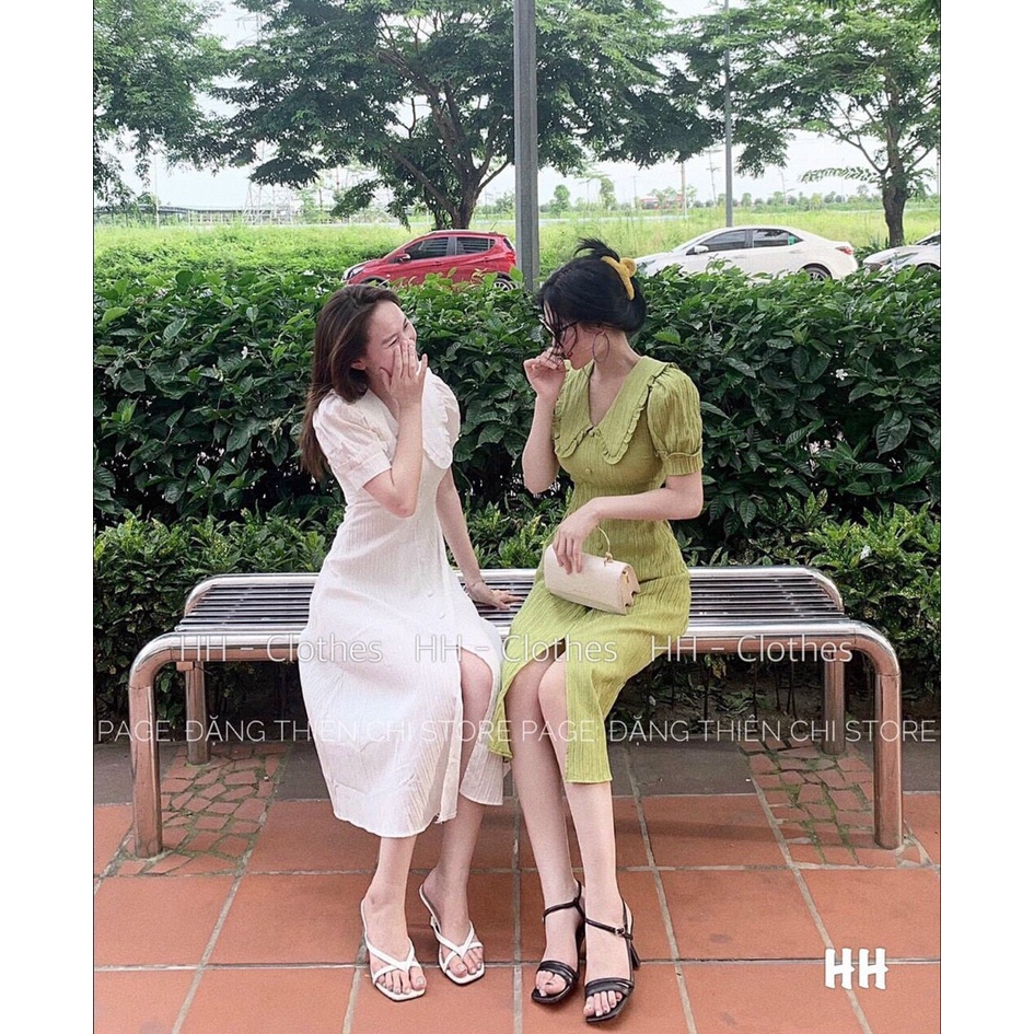 [8.8 Sales Freeship] Đầm tiểu thư cổ bèo tay búp xẻ tà, đầm maxi dáng dài phối nút cổ sen vintage xinh đẹp