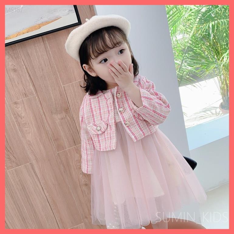 Set váy thu đông cho bé gái - Thời trang trẻ em Sumin Kids - Chân ren kèm áo khoác dạ màu hồng