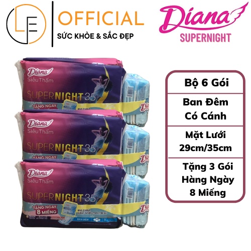 [Bộ 6 Gói Tặng 3 Gói Hàng Ngày 8 Miếng] Băng vệ sinh siêu thấm Diana Super Night ban đêm 29cm/35cm