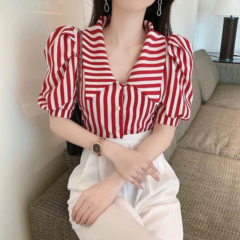 Áo Sơ Mi Chiffon Ngắn Tay Họa Tiết Kẻ Sọc Thời Trang Mùa Hè Phong Cách Hàn Quốc Mới Cho Nữ