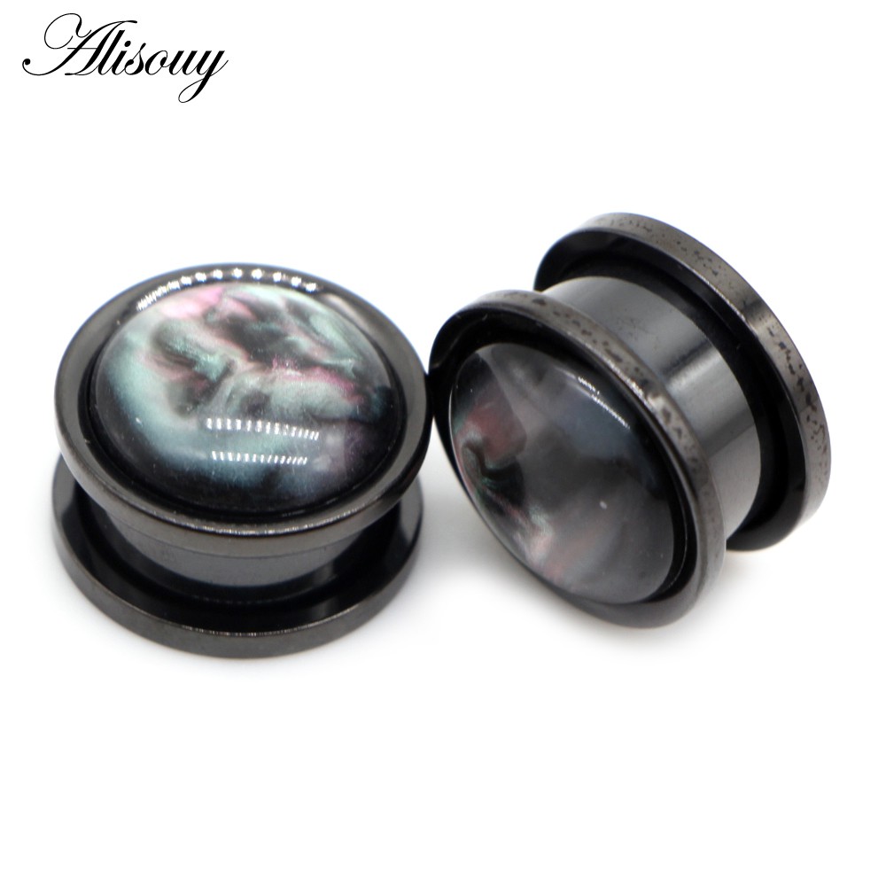 Alisouy 2 cái thép không gỉ màu xanh opal vỏ bông tai tai mở rộng phích cắm căng da tai đường hầm đồng hồ đo xuyên trang sức cơ thể
