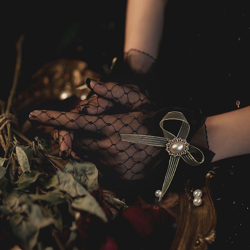 Găng Tay Phối Ren Nơ Bảo Vệ Toàn Bộ Ngón Tay Phong Cách Vintage Thanh Lịch Dành Cho Vũ Công/Tiệc Cưới