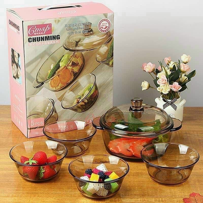 Bộ Nồi Thuỷ Tinh Bát Chịu Nhiệt ,Nồi 1000ml +4 Bát 320ml Dùng Được Lò Vi Sóng và Máy Rửa Bát