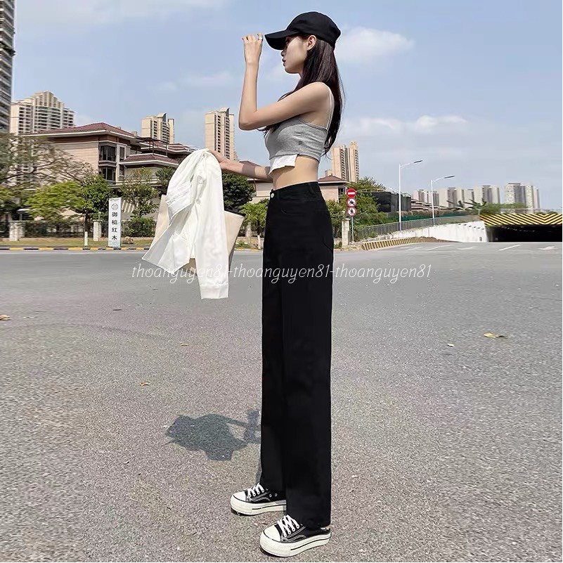 Quần jean nữ dáng suông ống rộng trắng lưng cao ống rộng kiểu Hàn Quốc dễ phối đồ cho nữ