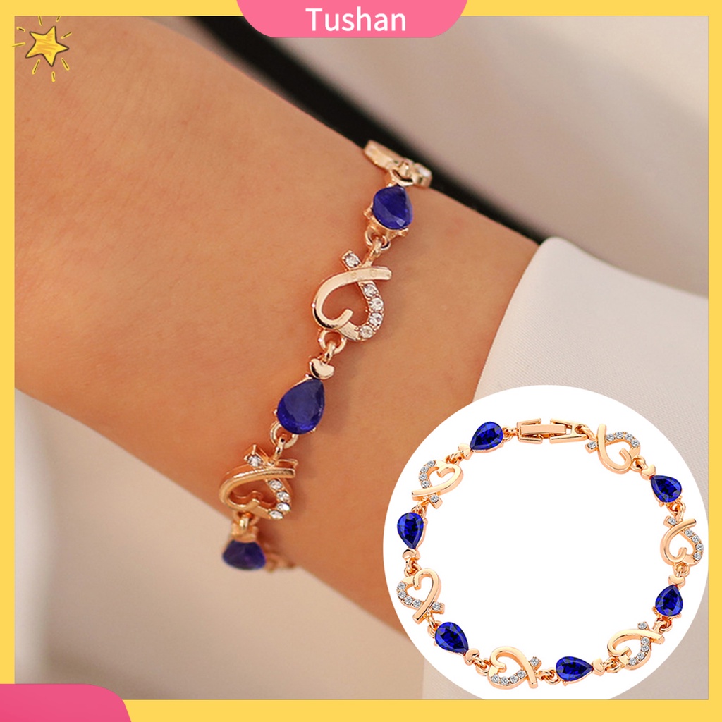 TUSH_Women Cubic Zirconia Inlaid Hollow Love Heart Charm Bracelet Bangle Jewelry Gift