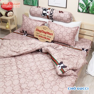 Set 5 món chăn hè + bộ ga gối + vỏ ôm mẫu chó gucci poly cotton