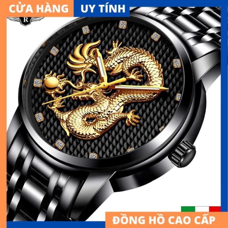 ĐỒNG HỒ NAM RỒNG VÀNG KÍNH TRÁNG SAPPHIRE - ĐỒNG HỒ PHONG THỦY - DÂY THÉP ĐÚC ĐẶT CAO CẤP [HÀNG XỊN]