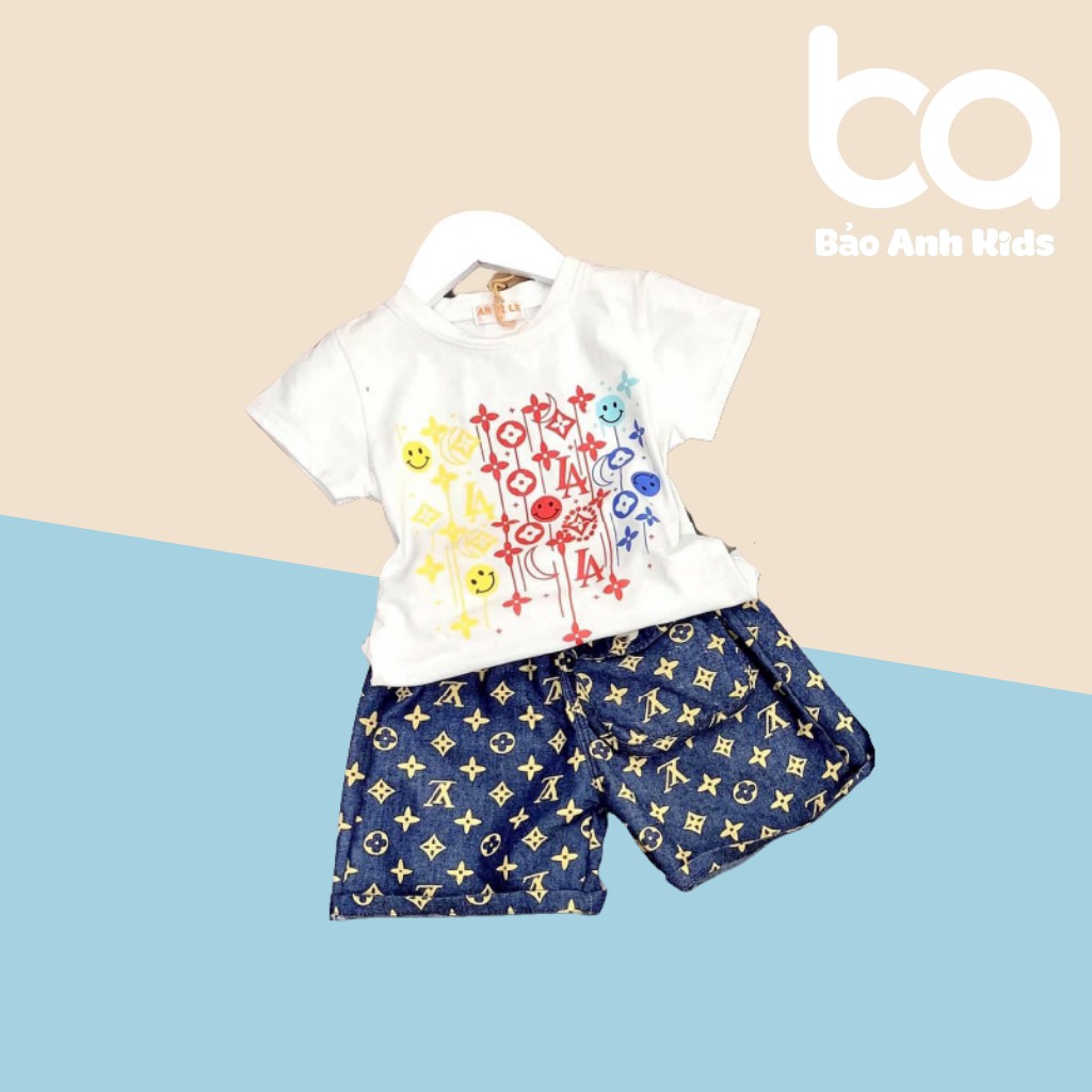 Bộ Cộc Tay Phối Quần Jean Cho Bé Trai Bé Gái Vải Cotton Mềm Mịn Co Giãn In Hình Mặt Cười, Bộ Mặc Nhà Cho Bé - BCJEAN1