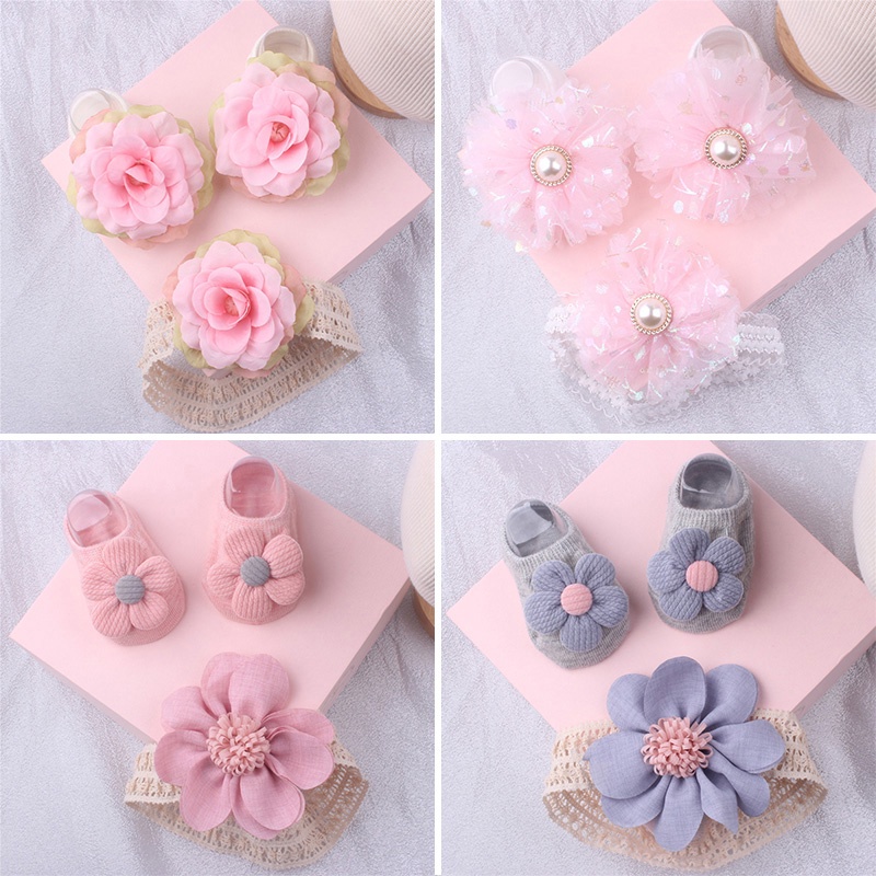 Set 2 Món Gồm Vớ + Băng Đô Chống Trượt Đính Nơ Hoạt Hình Dễ Thương Cho Bé Gái