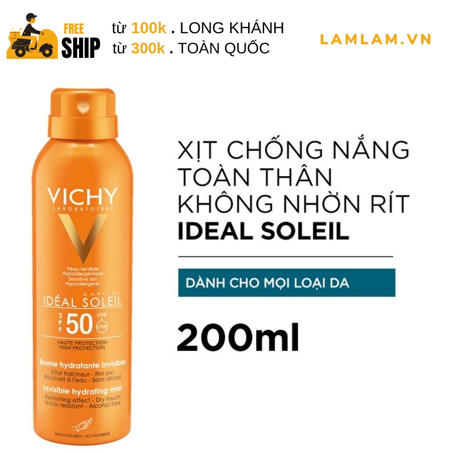 Xịt Kem Chống Nắng Toàn Thân Dạng Xịt SPF 50 PA+++ Vichy Ideal Soleil Invisible Hydrating Mist ﻿200ml