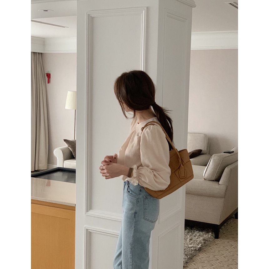 Áo Sơ Mi Tay Dài Phồng Cổ Tròn Màu Sắc Đơn Giản Thời Trang Mùa Hè Cho Nữ