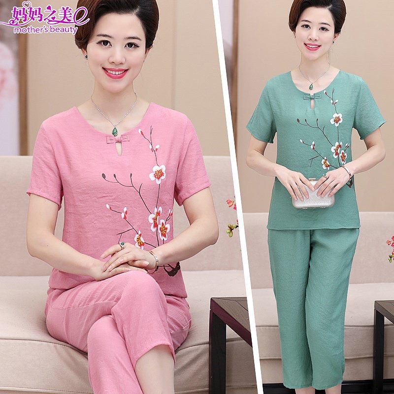 SN857 - BỘ ĐŨI CHO MẸ CỘC TAY THÊU HOA ĐÀO