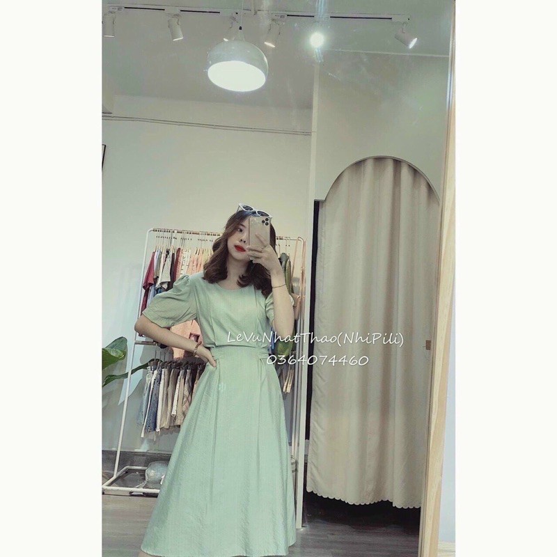 Đầm xanh tay phồng cột eo ( ảnh thật sàn)
