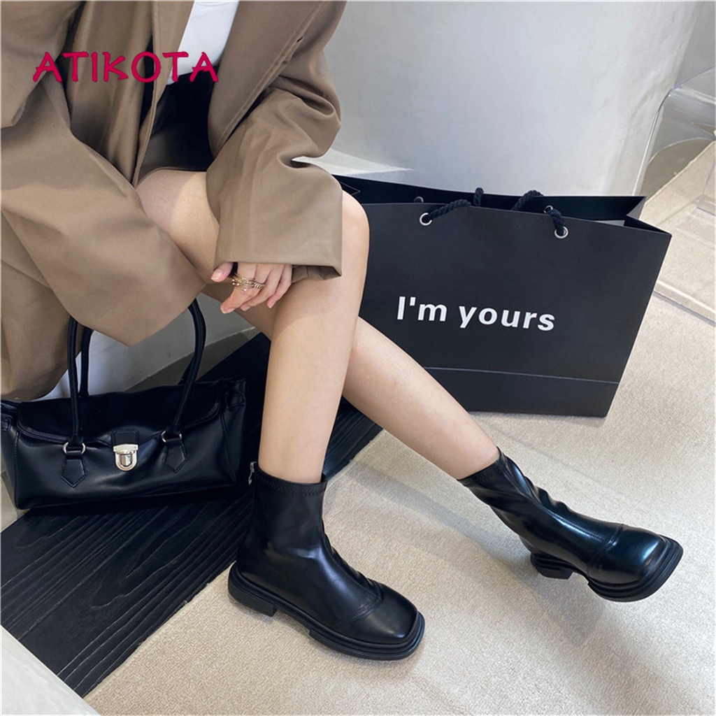 Atikota Giày Bốt Cổ Thấp Mũi Vuông Đế Dày Mềm Mại Thoải Mái Thời Trang Cho Nữ