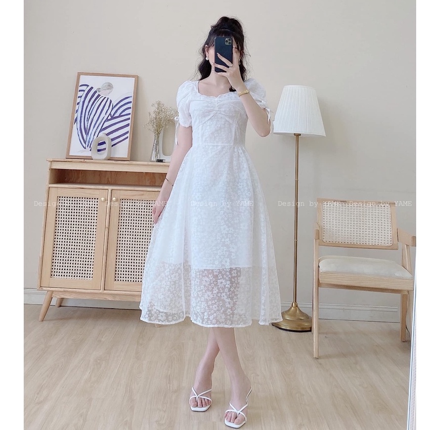 Váy trắng tiểu thư dáng suông dài, tay bồng nơ thắt cổ vuông chất vải ren lót lụa YAME