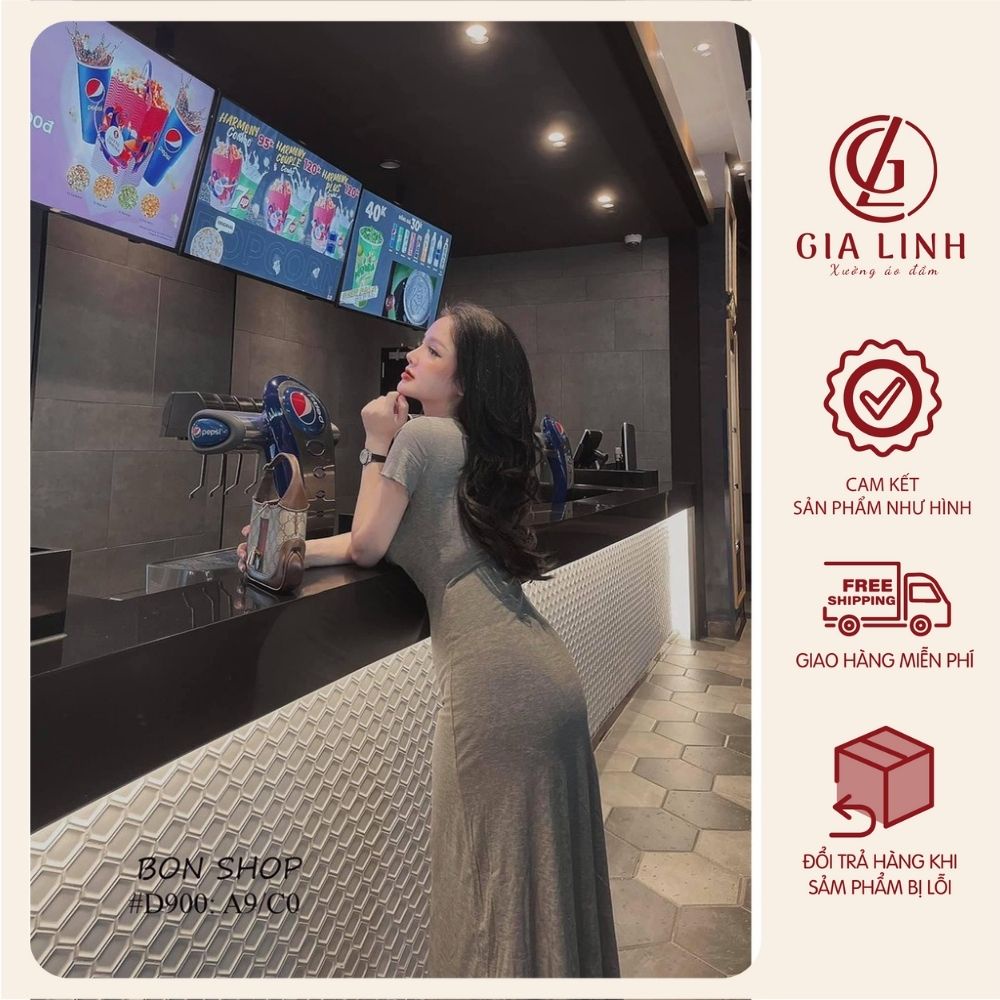 Đầm body dáng dài chất thun gân co giãn, váy cổ vuông tay ngắn thích hợp mặc đi chơi đi làm hay dự tiệc | BigBuy360 - bigbuy360.vn