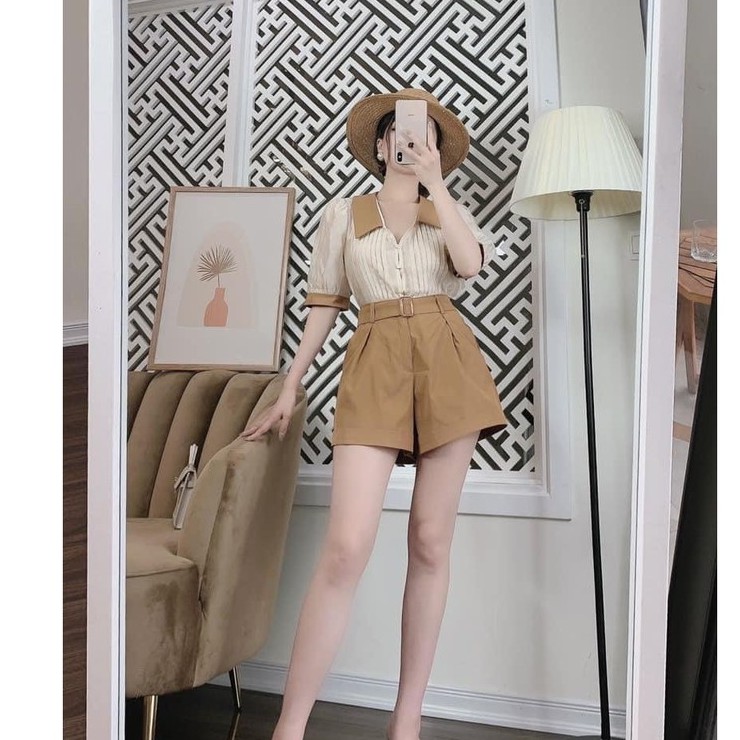 Áo sơ mi cổ bẻ phối xếp ly kèm quần sooc đai sang chảnh