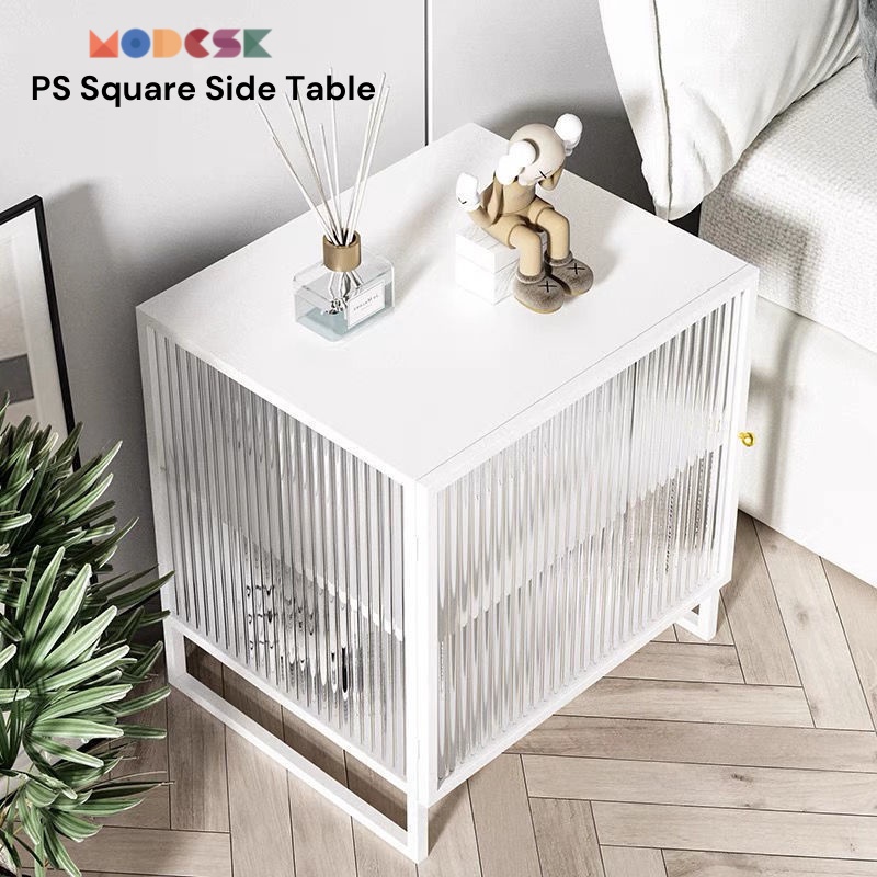 Kệ Sofa -đầu giường Modesk PS Square Side Cabinet sắt sơn tĩnh điện, kính cường lực sọc