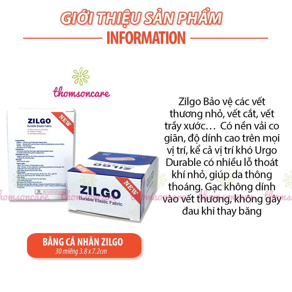 Băng vết thương cá nhân Zilgo Hộp 30 miếng size to 3.8 x 7.2 cm - băng dính y tế cầm máu, các vết trầy xước