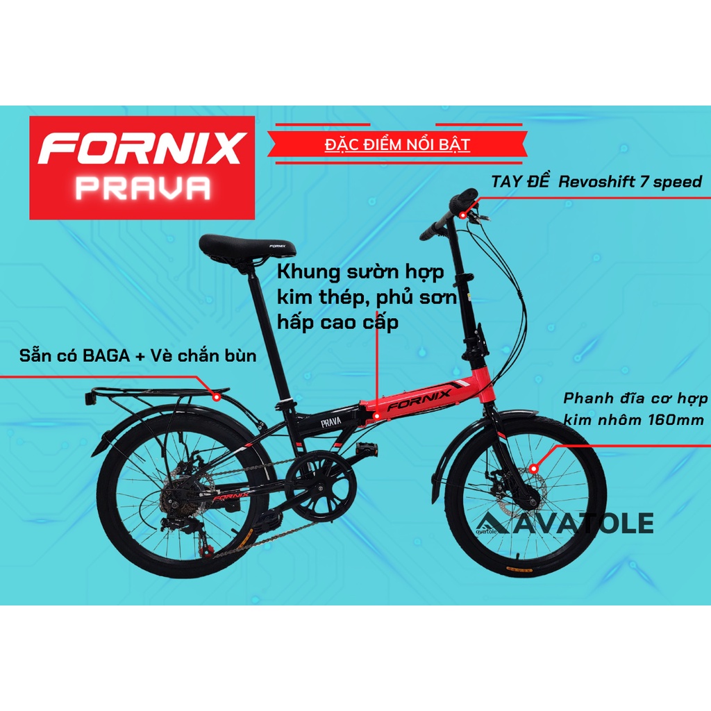 Xe đạp gấp FORNIX PRAVA NEW 2023, Khung sườn HỢP KIM THÉP cao cấp, Trọng lượng 12.5kg, Vòng bánh 20in, Màu xanh dươngđen