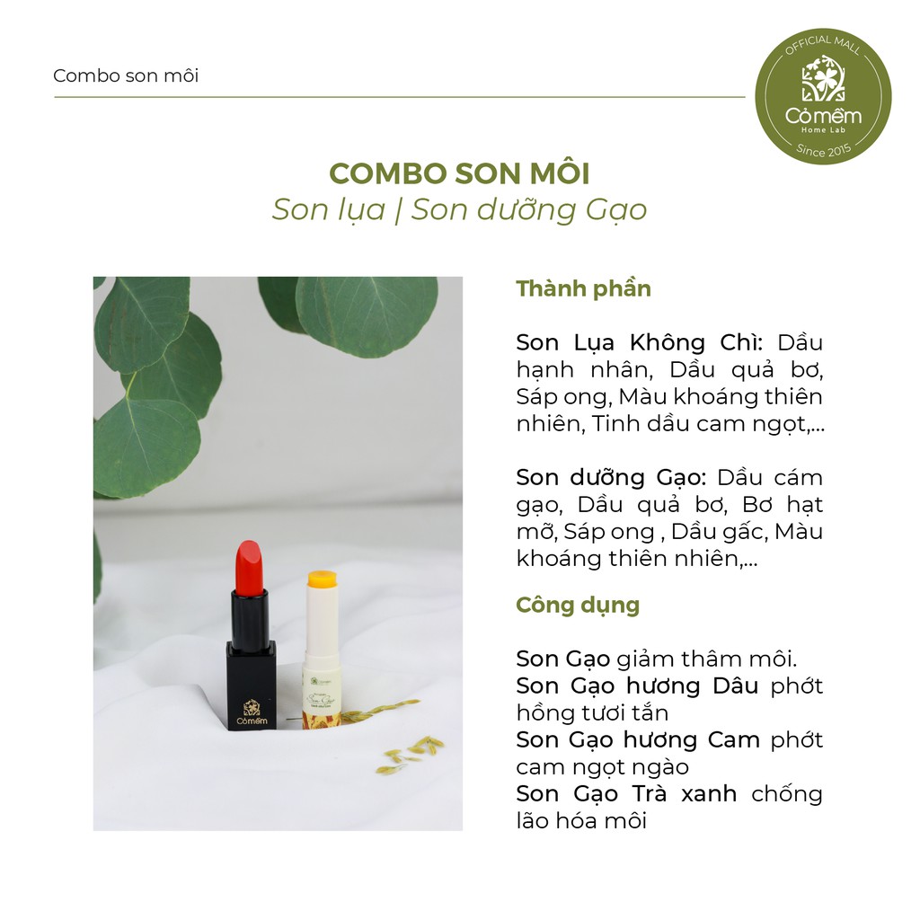 Bộ Chăm Sóc Môi Xinh - Combo Môi Xinh (Son Lụa + Son Dưỡng) Cỏ Mềm | BigBuy360 - bigbuy360.vn