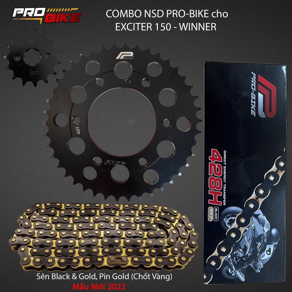 Trọn bộ Nhông Sên Dĩa ProBike  Exciter 150 155 Vàng Đen - Khóa Vàng mẫu mới 2022 . DoChoiXeMay