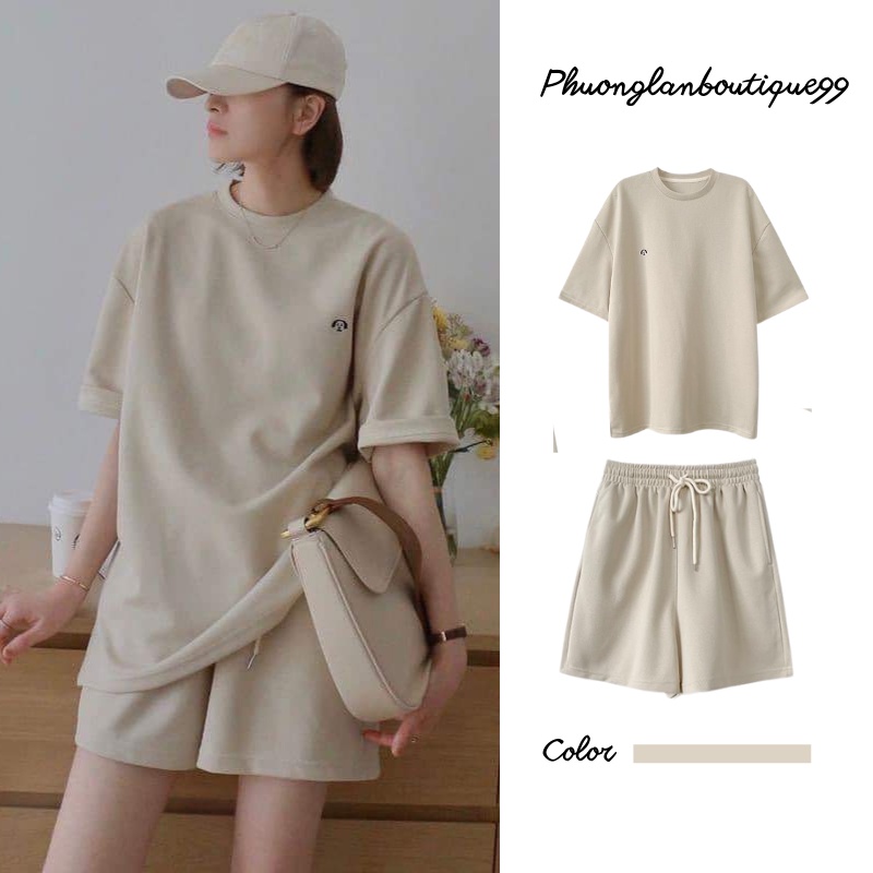 Set Quần Áo Tay Lỡ Màu Be Thêu Hình Cún Ngực Phong Cách Vintage Hàn Quốc Ulzzang Unisex PHULA | BigBuy360 - bigbuy360.vn