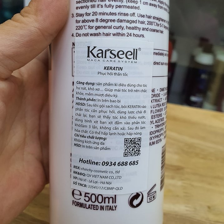 #karseell_chính_hãng_Italia Kem hấp phục hồi tóc nát Keratin Karseell Maca 500ml