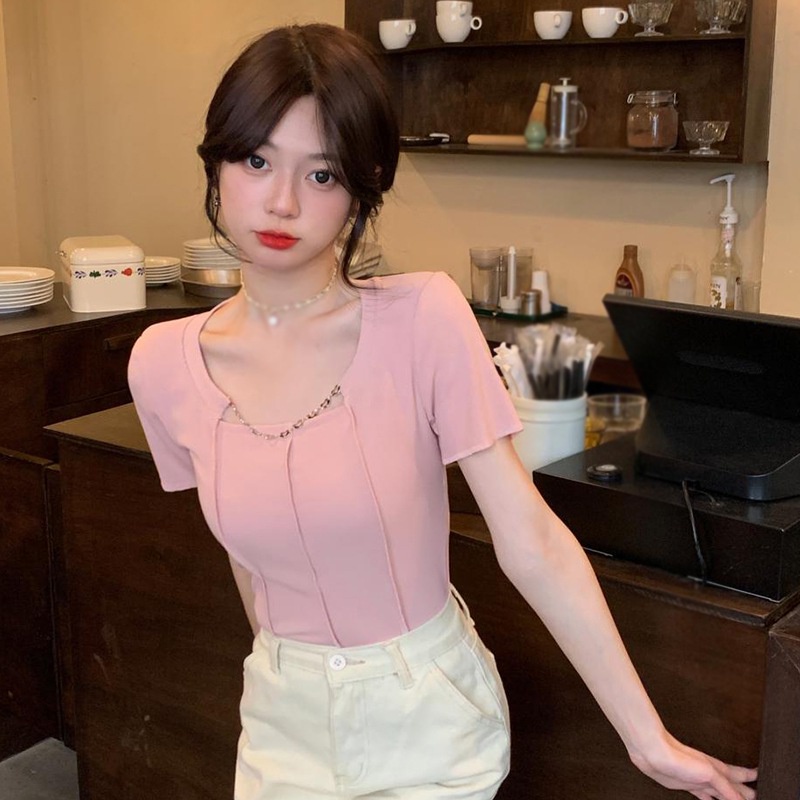 Áo Thun Tay Ngắn Cổ Vuông Màu Trơn Phong Cách Hàn Quốc Thời Trang Cho Nữ