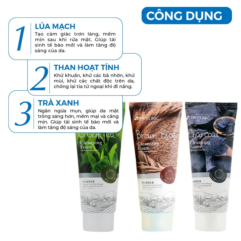Sữa Rửa Mặt Trắng Da Giảm Mụn Từ Thiên Nhiên 3W Clinic Hàn Quốc 100ml