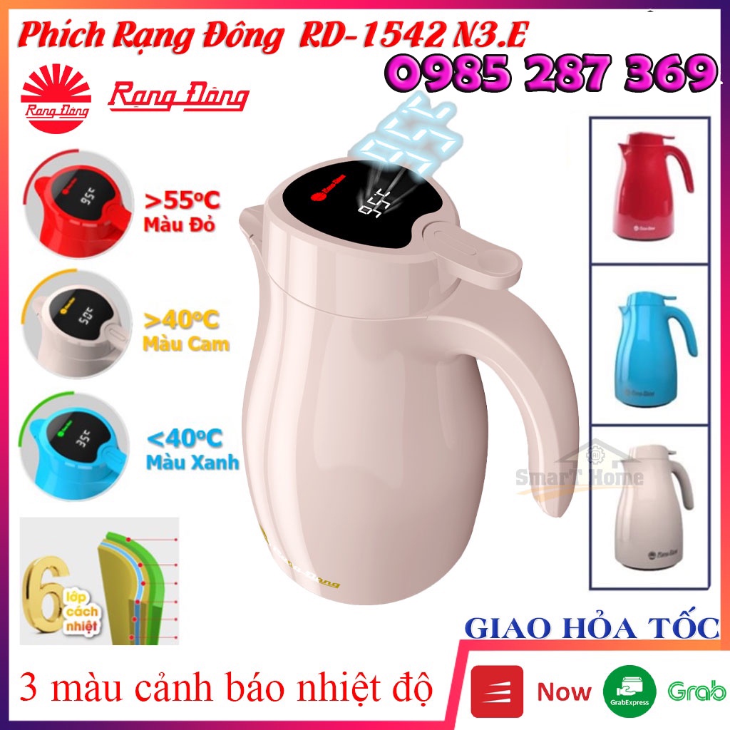 Phích nước Rạng đông 1,5 lit, Phích pha trà hiển thị nhiệt độ thông minh, Bình thuỷ giữ nhiệt RD-1542 N3.E
