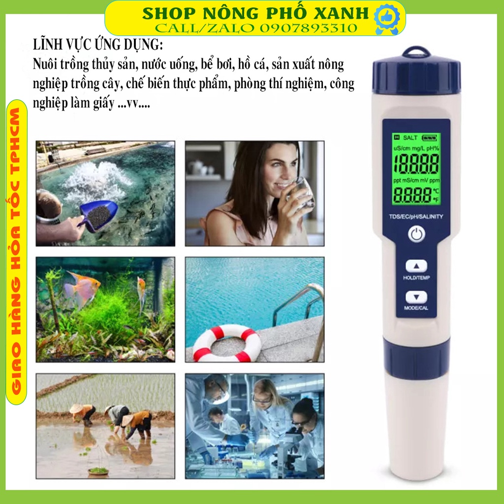 Bút đo PH nước 5 chức năng, Độ mặn thực phẩm, nuôi trồng thủy sản, Đo Độ PH/Tds/Ec/Độ MặN/Nhiệt Độ kèm bộ hiệu chuẩn