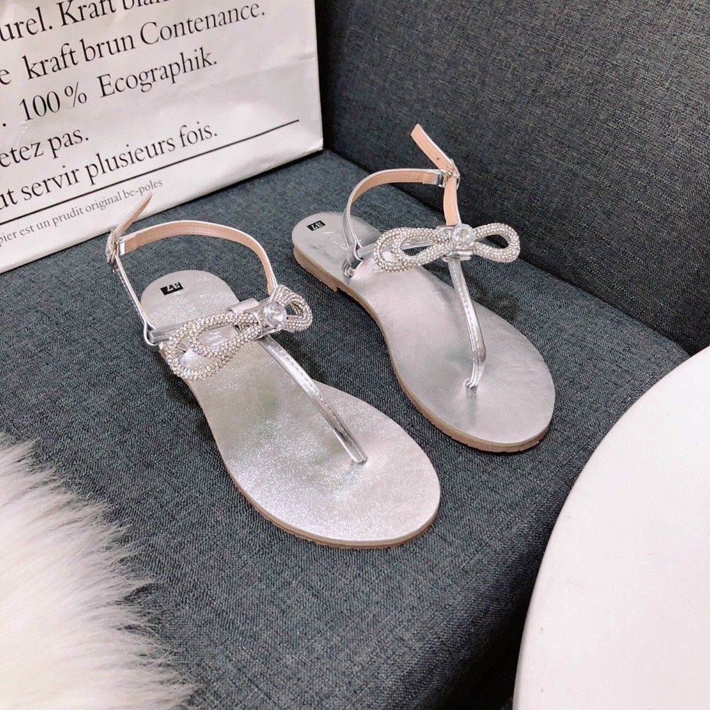 Sandal kẹp xỏ ngón quai T đế bằng nơ đá - Sandan đế bằng Sandal bệt xỏ ngón