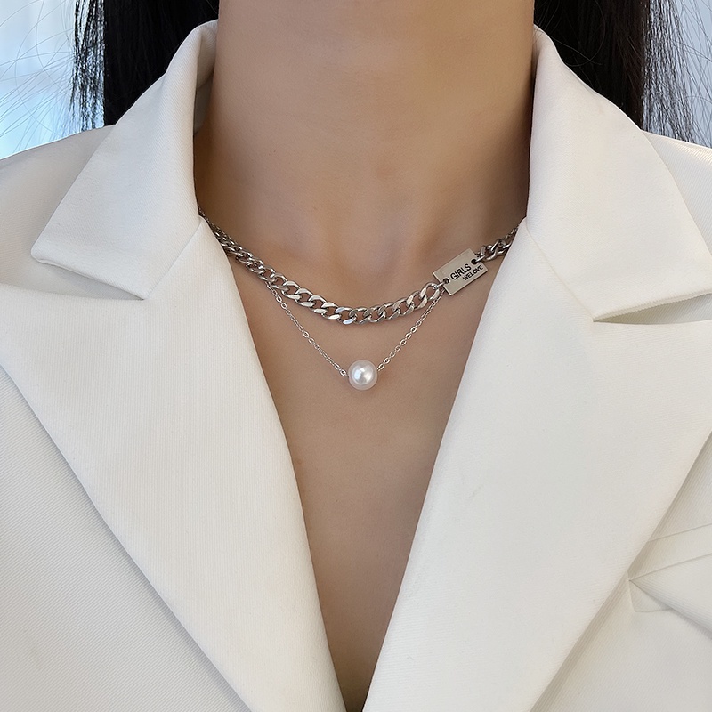 Vòng cổ Hai Lớp Ngọc Trai Mặt Vuông Phong Cách Harajuku Hiphop