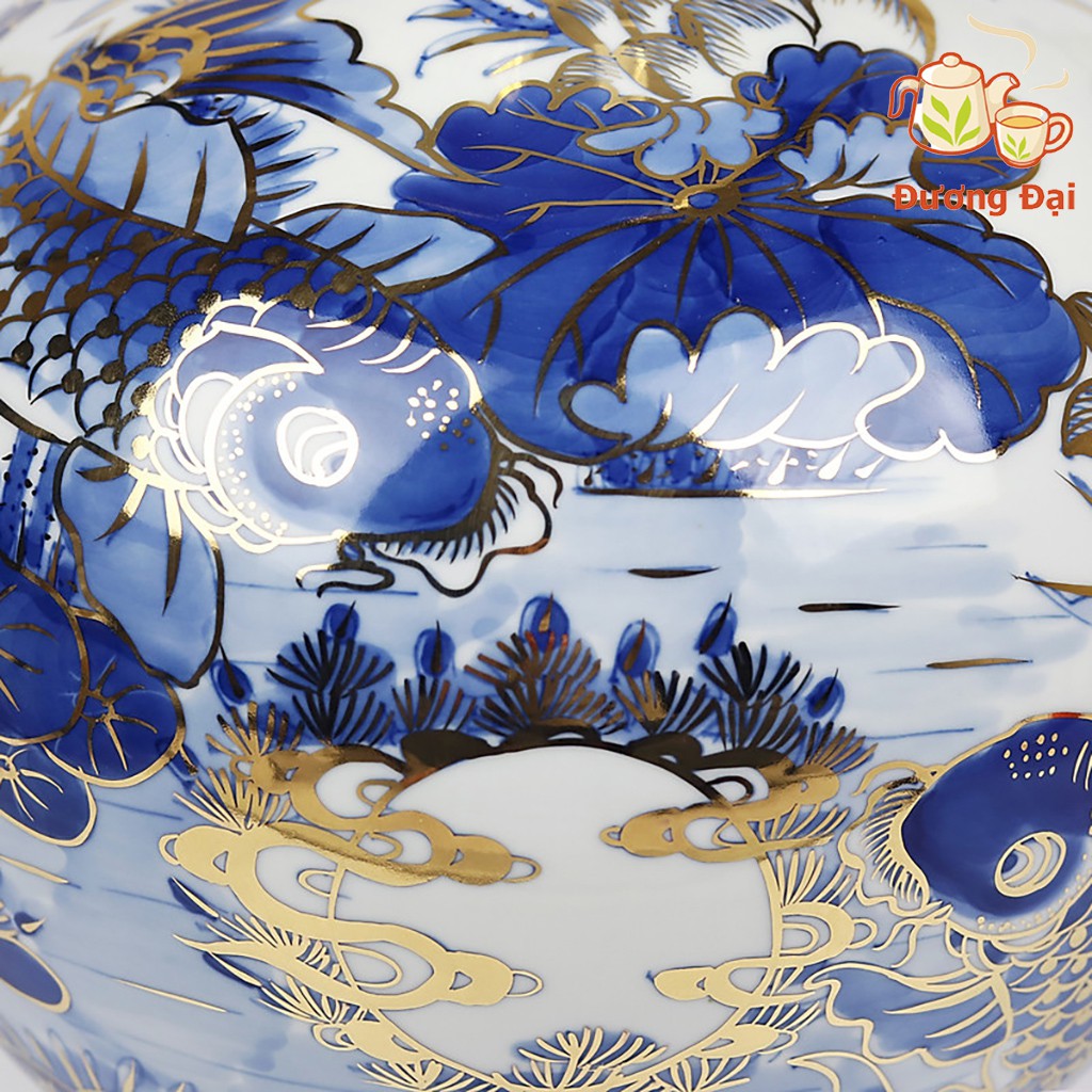 Bình hút tài lộc Gốm Sứ Bát Tràng Đương Đại men lam vẽ vàng cao 28cm Lý Ngư Vọng Nguyệt